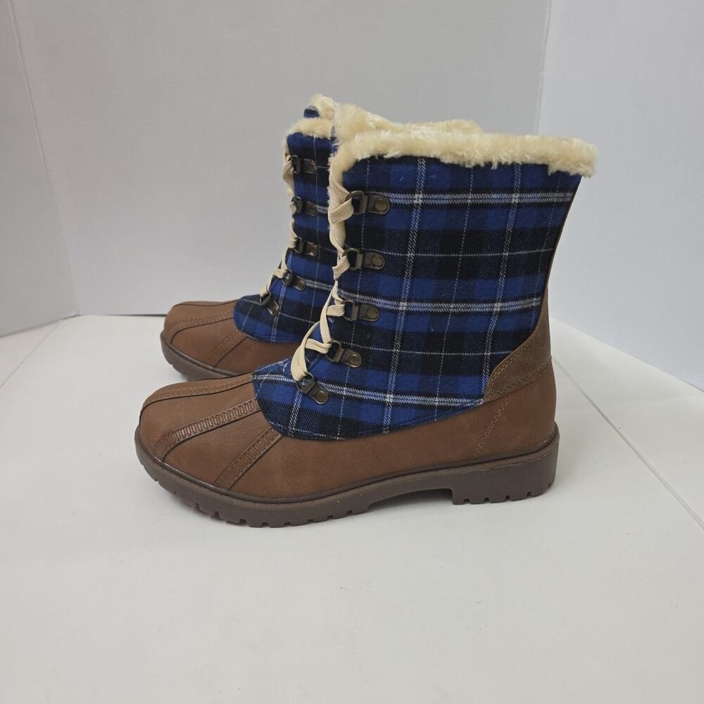 Plaid Lace-Up Winter Duck Boots w/ Faux Fur Lining Size 9.5 Brown & Blue - Picture 2 of 10